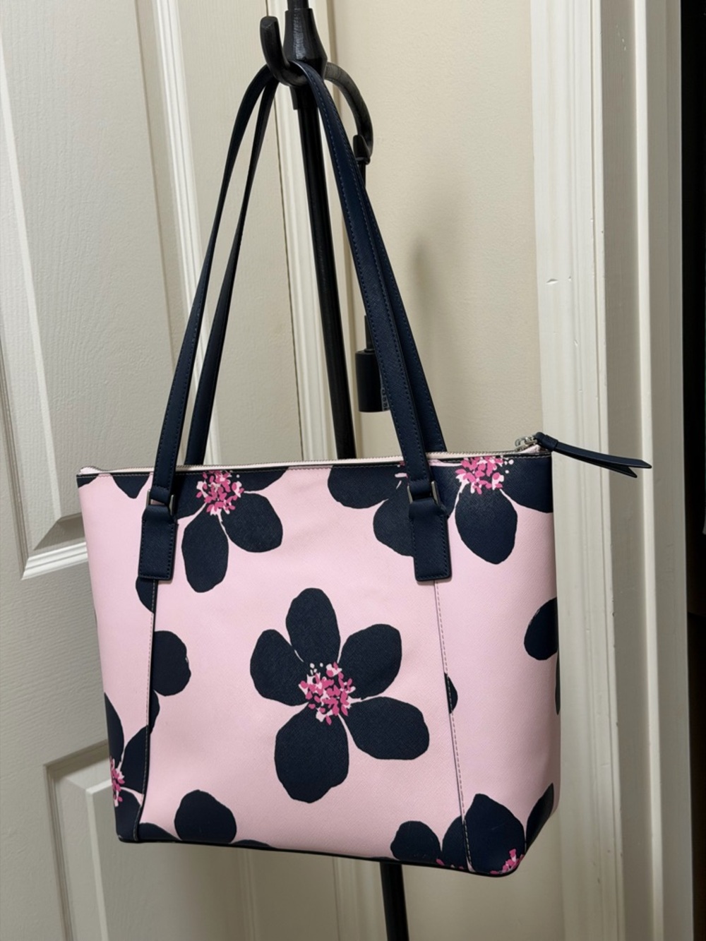 kate spade Pink Floral Tote with Navy Handles